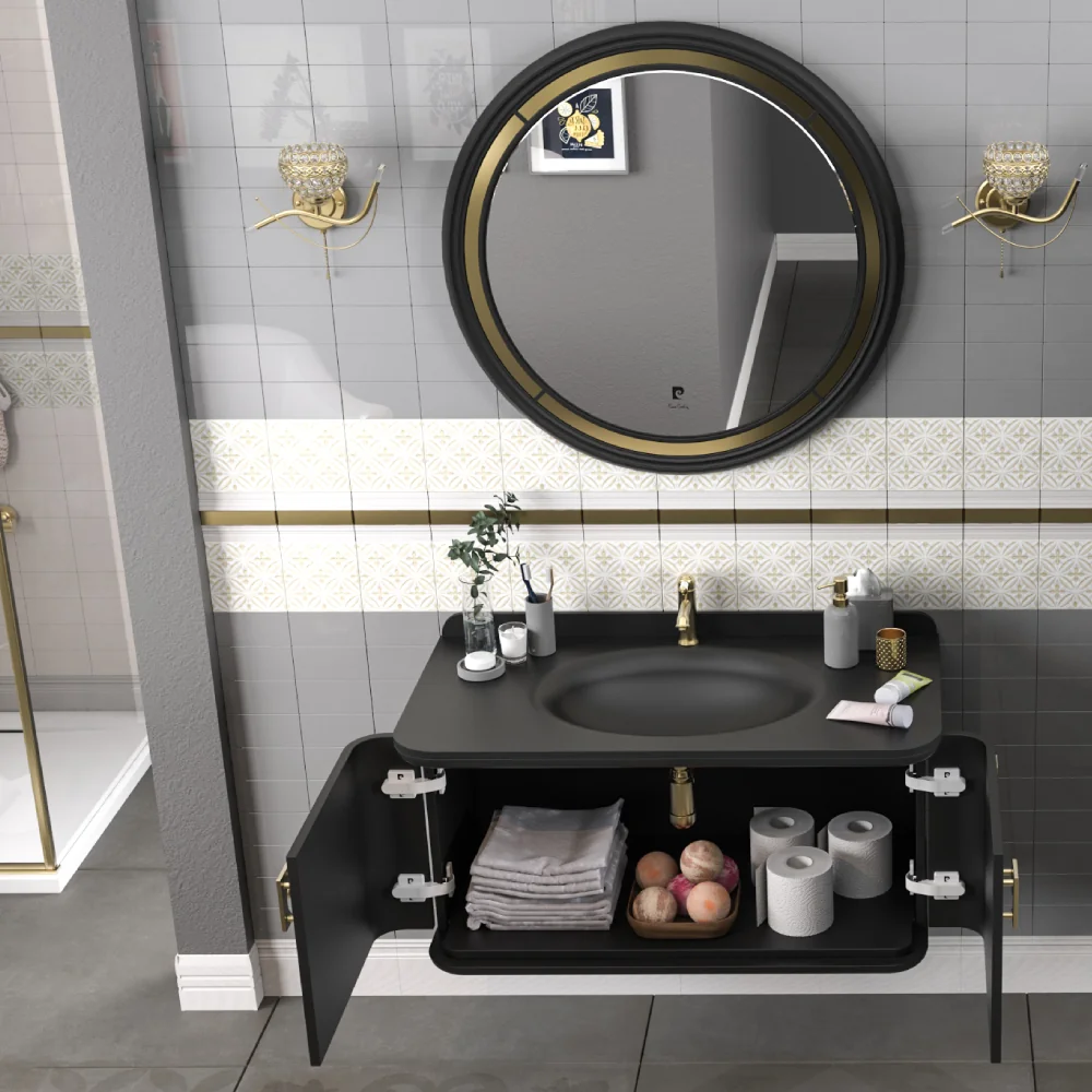 Set Mobilier Baie Pierre Cardin Eva Suspendat 3 Piese Negru-Auriu Mat 101 Cm