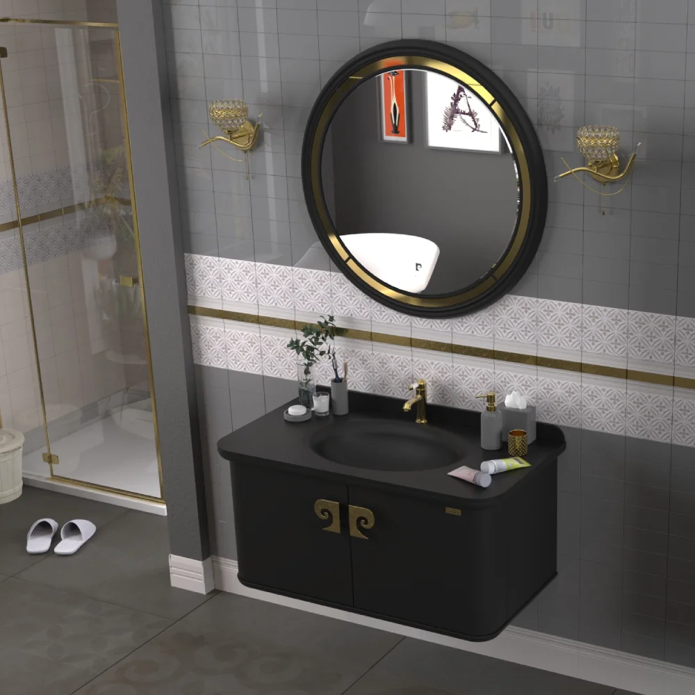 Set Mobilier Baie Pierre Cardin Eva Suspendat 3 Piese Negru-Auriu Mat 101 Cm