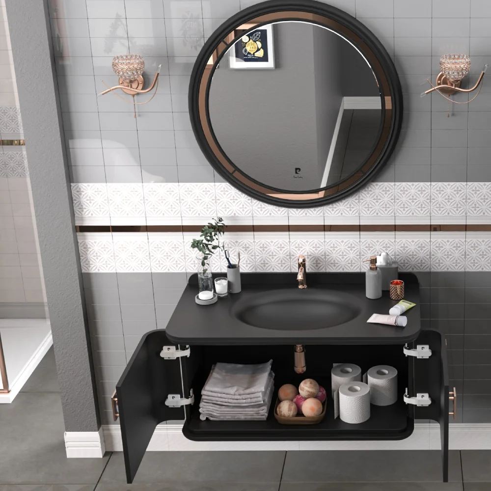 Set Mobilier Baie Pierre Cardin Eva Suspendat 3 Piese Negru-Aramiu Mat 101 Cm