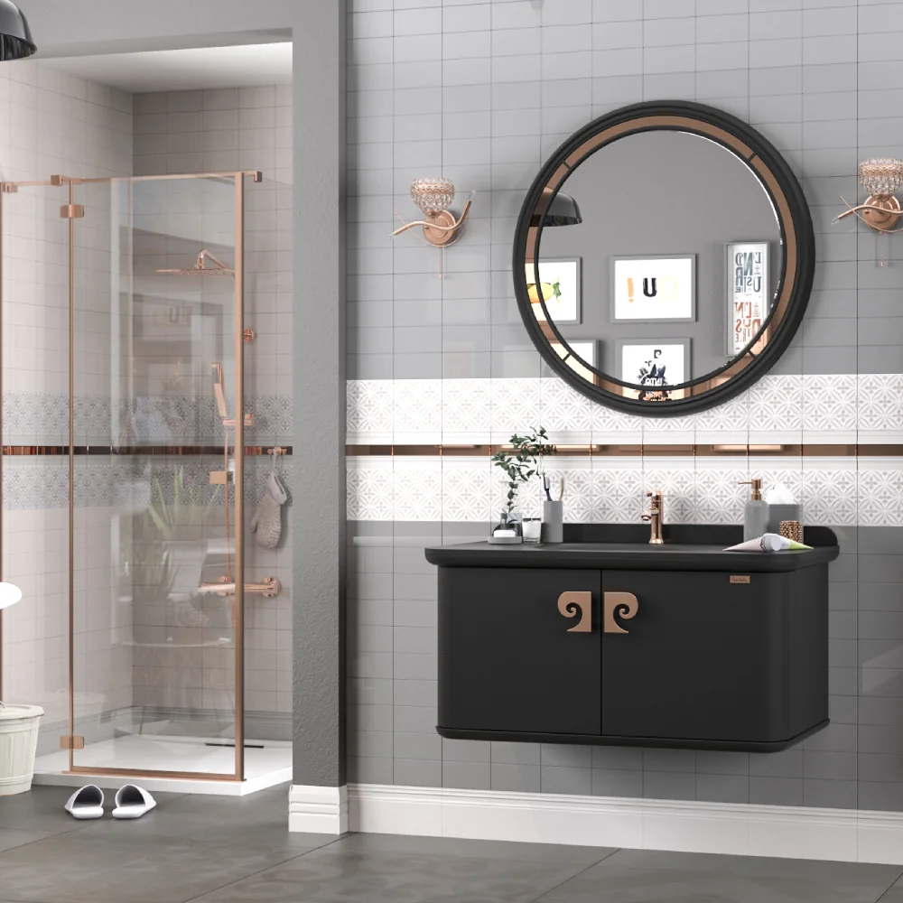 Set Mobilier Baie Pierre Cardin Eva Suspendat 3 Piese Negru-Aramiu Mat 101 Cm