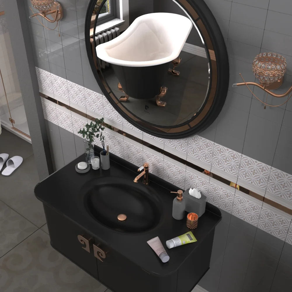 Set Mobilier Baie Pierre Cardin Eva Suspendat 3 Piese Negru-Aramiu Mat 101 Cm