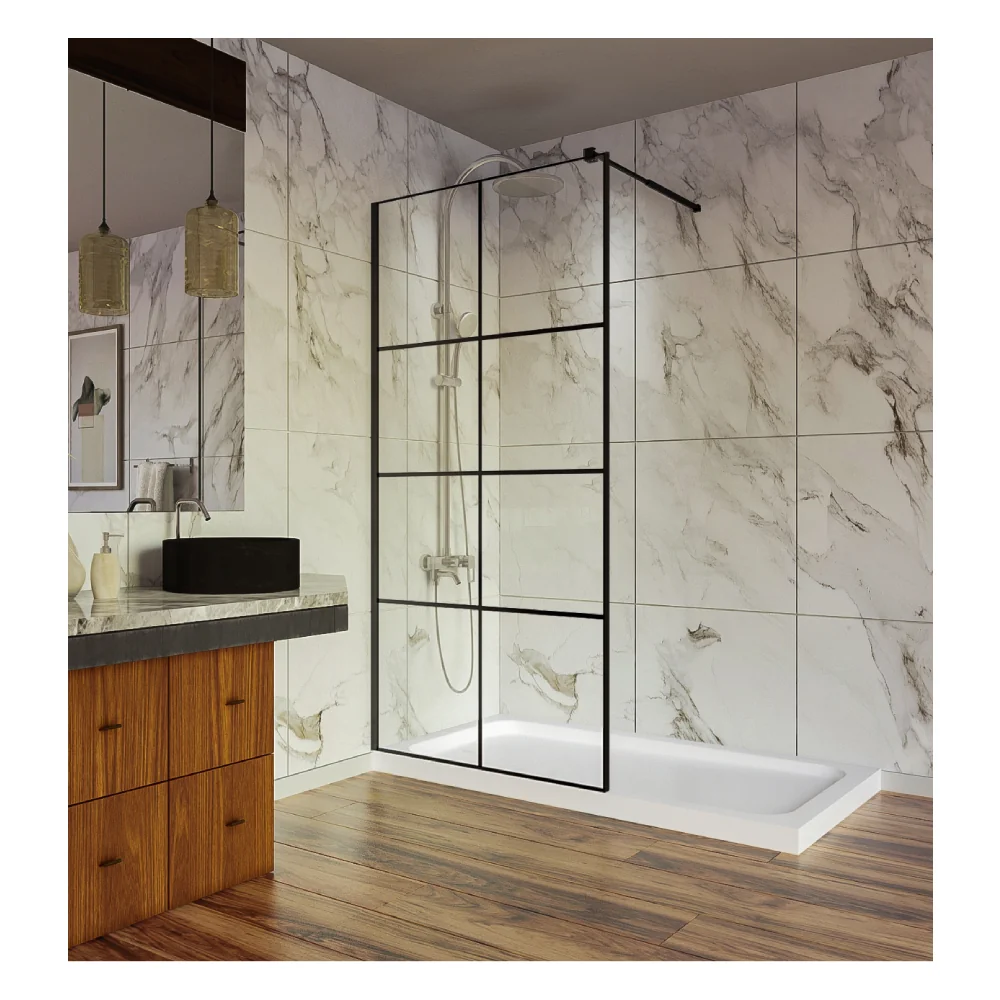 Paravan Duș Walk In / Perete Duș Sticlă Cu Model Windows 101 6 mm Profil Negru Mat Tijă Extensibilă 80 x 200 cm