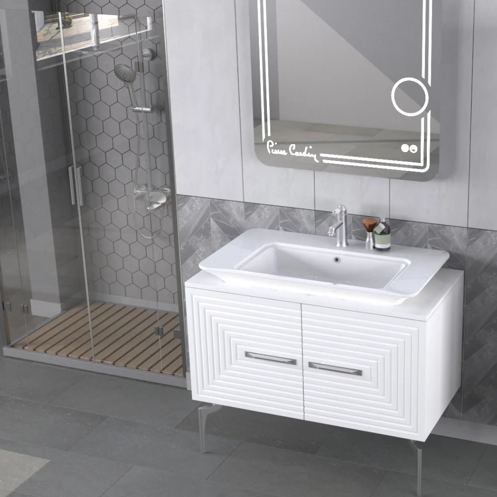 Set Mobilier Baie Pierre Cardin Halley 3 Piese Alb-Argintiu 100 Cm