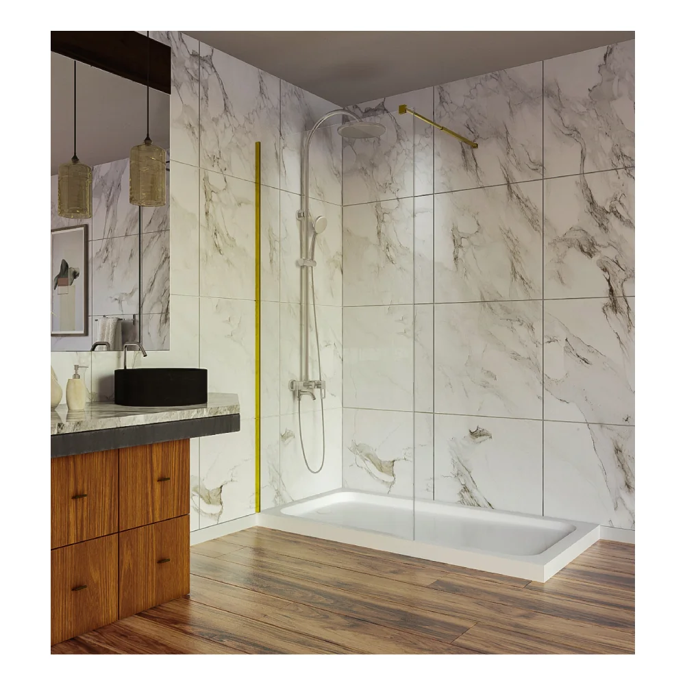 Paravan Duș Walk In / Perete Duș Sticlă Nano 6 mm Profil Auriu Tijă Extensibilă 90 x 200 cm