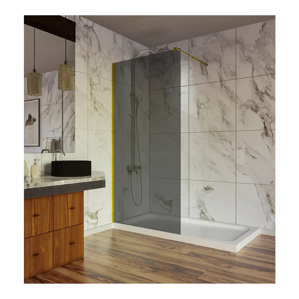 Paravan Dus Walk In / Perete Dus Sticla Fumurie 6 mm Profil Auriu Tija Extensibila 120 x 200 cm