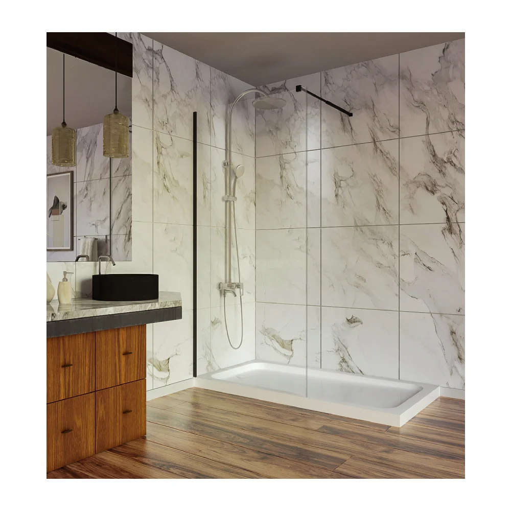 Paravan Dus Walk In / Perete Dus Sticlă Transparentă 8 mm Profil Negru Mat Tija Extensibilă 90 x 200 cm
