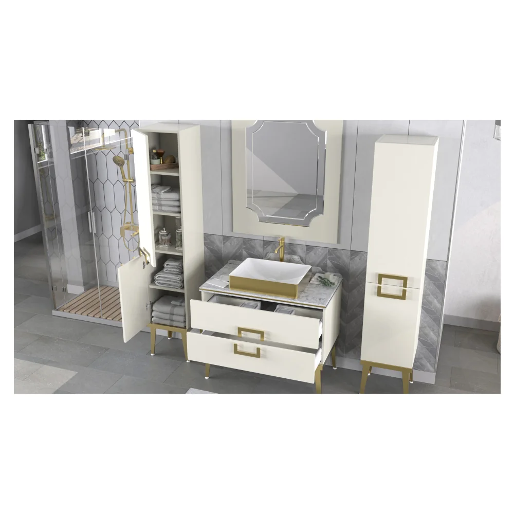 Set Mobilier Baie Pierre Cardin Mercury 3 Piese 90 Cm Alb-Auriu