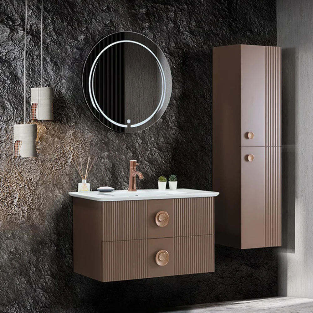 Set Mobilier Baie Vanity Suspendat 3 Piese Maro 90 cm