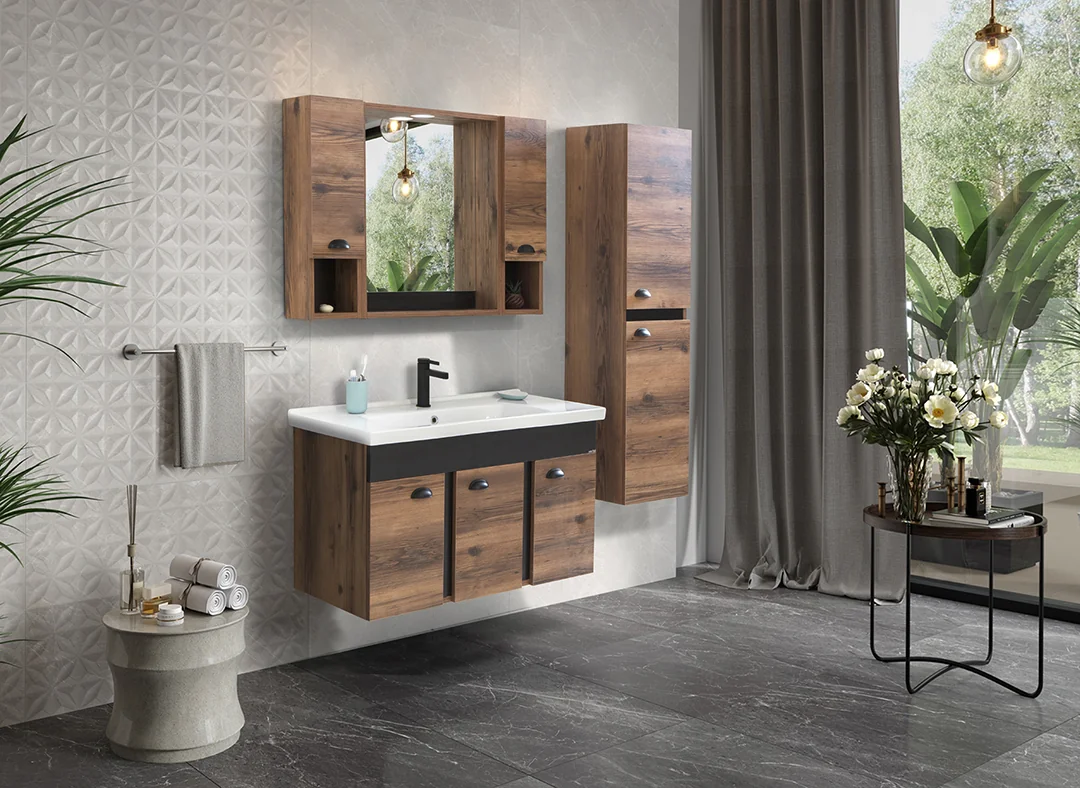 Set Mobilier Baie Basic Suspendat 3 Piese Maro 100 cm