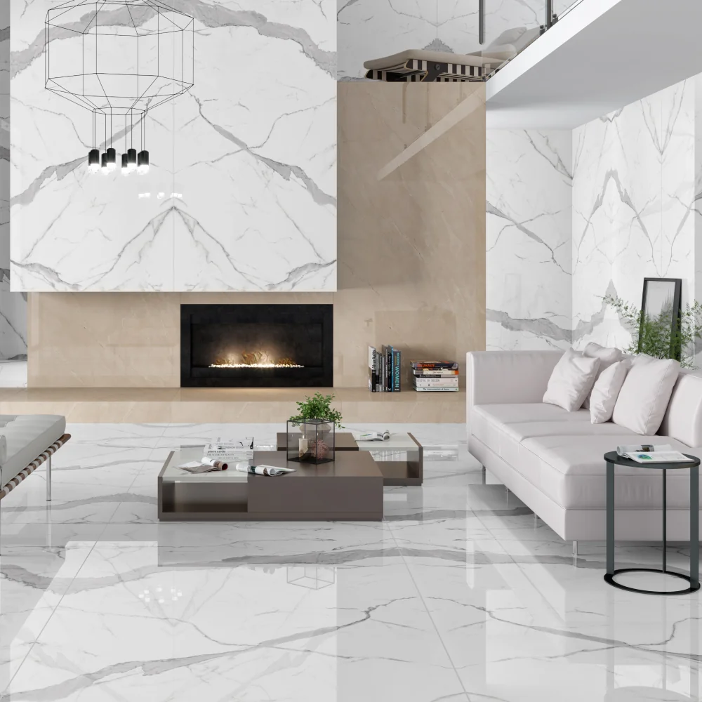 Gresie Exterior / Interior Porțelanată Calacatta Elite Bookmatch A 120 x 240 cm Lucioasă Rectificată Tip Marmură