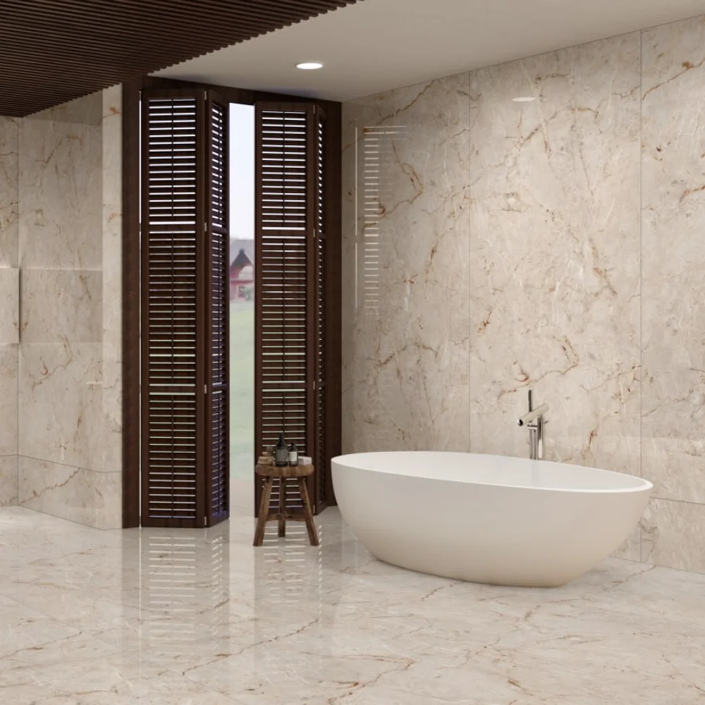 Gresie Exterior / Interior Portelanata Saran Collins Crema 120 x 240 Cm Lucioasa Rectificata Tip Marmura