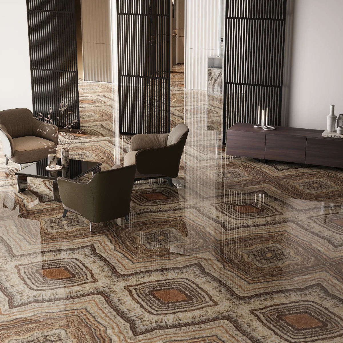 Gresie Rectificata Exterior / Interior Electic Coffee Bookmatch B 60 x 120 Cm Lucioasa Portelanata Tip Marmura