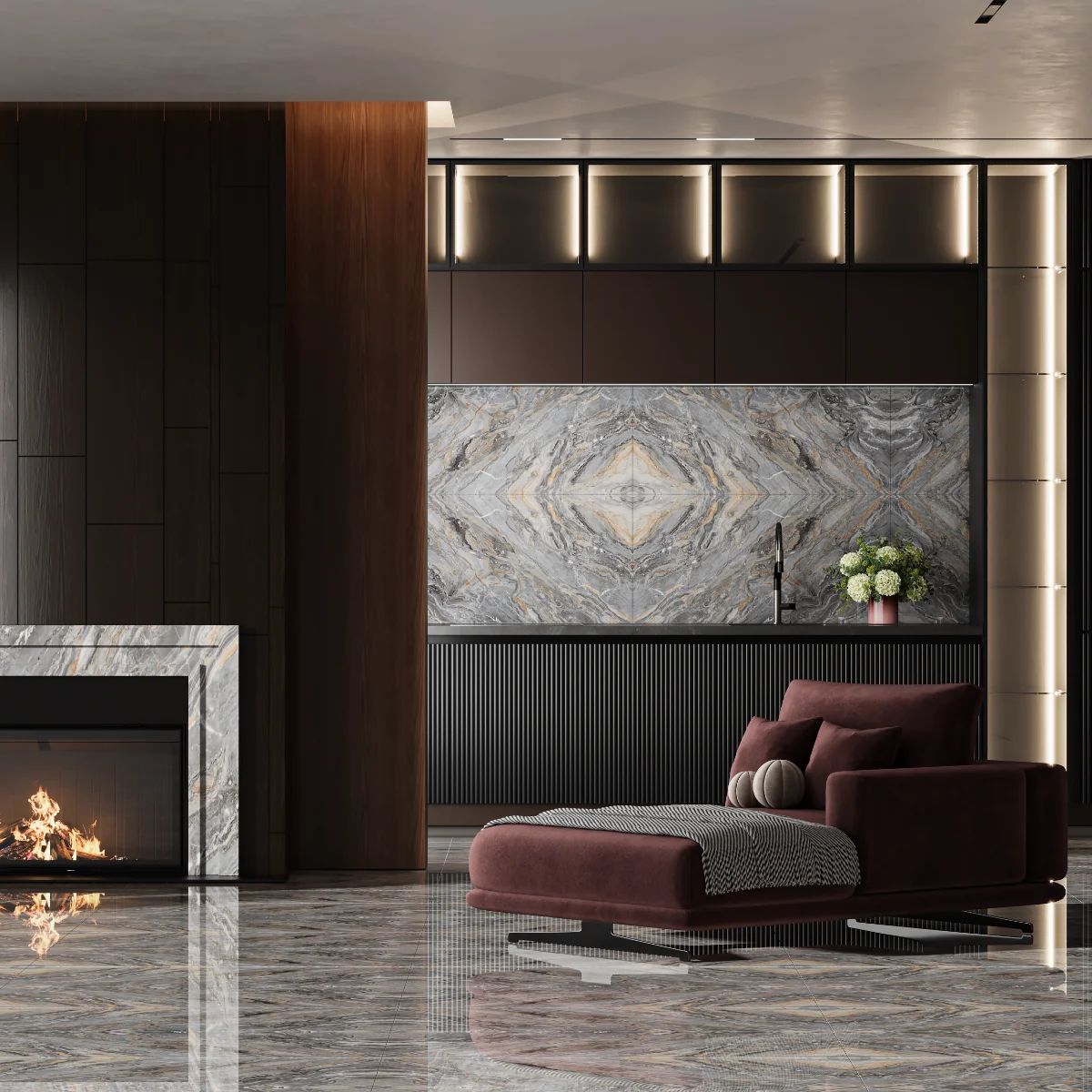 Gresie Rectificată Exterior / Interior Zasilo Grey Bookmatch B 60 x 120 cm Lucioasă Porțelanată Tip Marmură