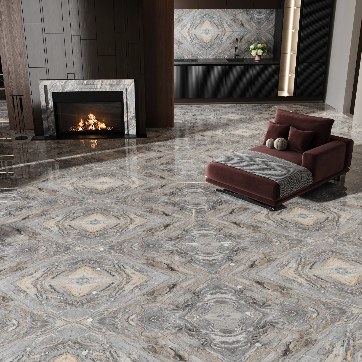 Gresie Rectificată Exterior / Interior Zasilo Grey Bookmatch B 60 x 120 cm Lucioasă Porțelanată Tip Marmură