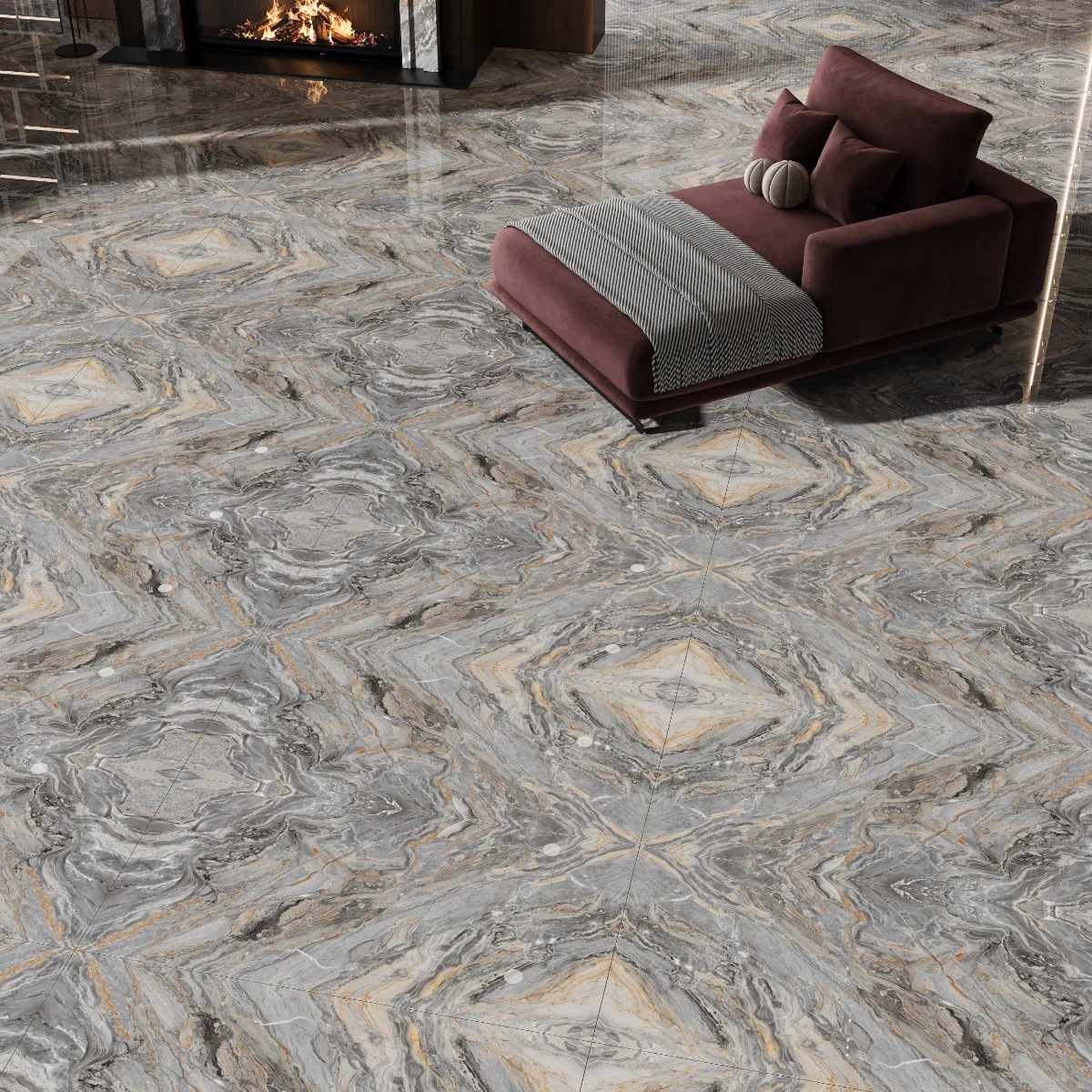 Gresie Rectificata Exterior / Interior Zasilo Grey Bookmatch A 60 x 120 cm Lucioasa Portelanata Tip Marmura