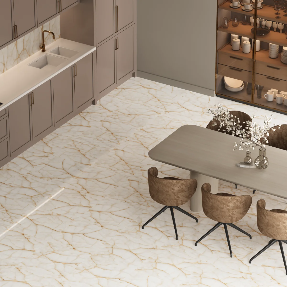 Gresie Exterior / Interior Portelanata Vento Beige 60 x 60 Cm Lucioasa Rectificata Tip Marmura