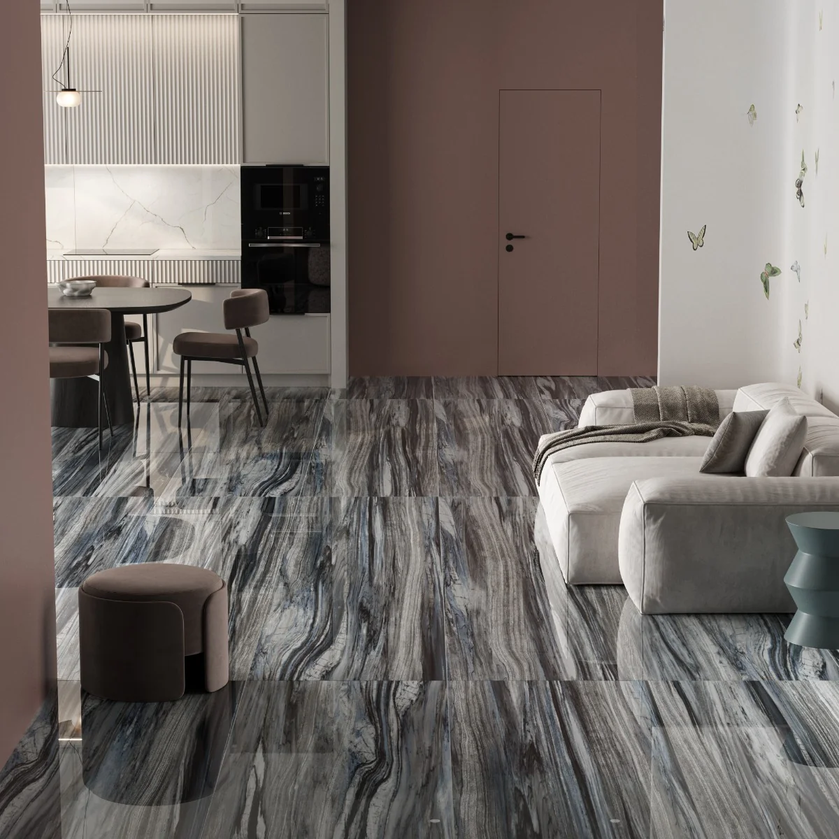 Gresie Exterior / Interior Portelanata Manchester Blue 58 x 118 cm Lucioasa Rectificata Tip Marmura