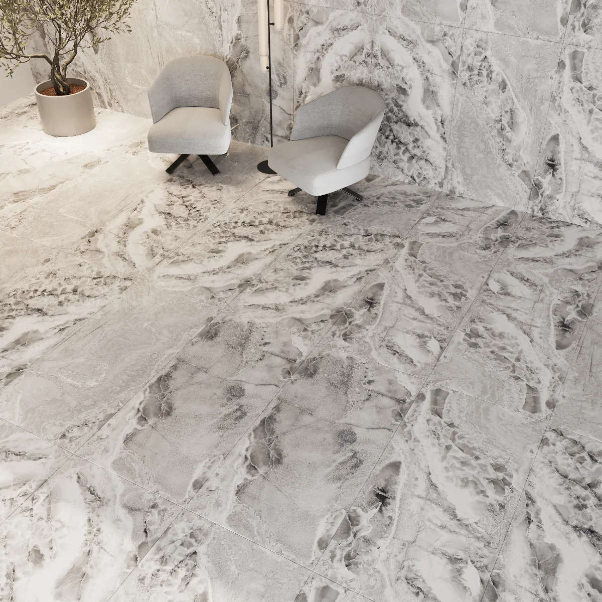 Gresie Exterior / Interior Porțelanată Sky Onyx Grey Endless 60 x 120 cm Lucioasă Rectificată Tip Marmură