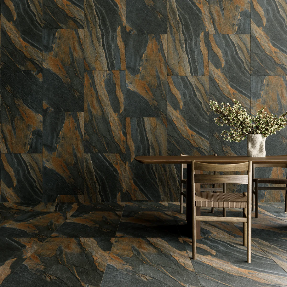 Gresie Antiderapantă Exterior / Interior Slate Anthracite 60 x 120 Cm Mată Porțelanată Rectificată Aspect Ciment