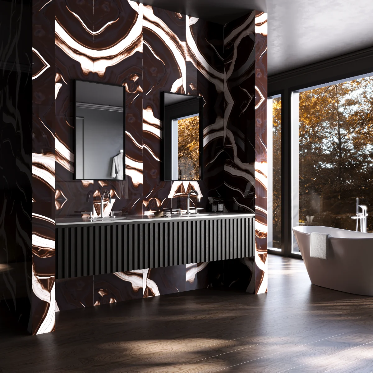 Gresie Rectificata Exterior / Interior Midnight Brown 60 x 120 cm Lucioasa Portelanata Tip Marmura