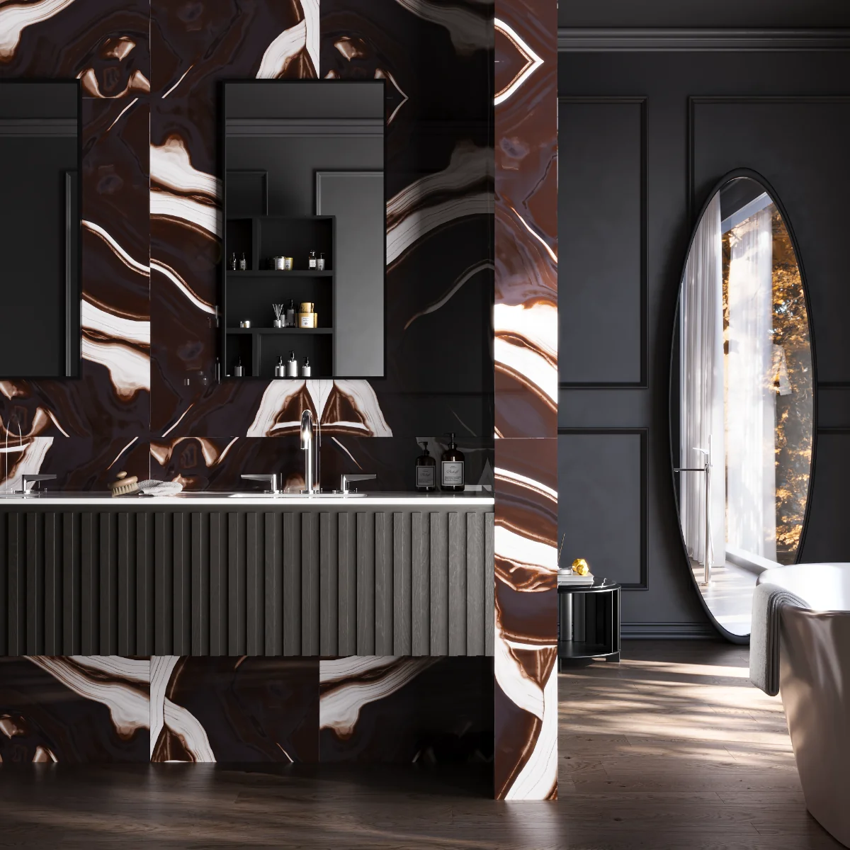 Gresie Rectificata Exterior / Interior Midnight Brown 60 x 120 cm Lucioasa Portelanata Tip Marmura