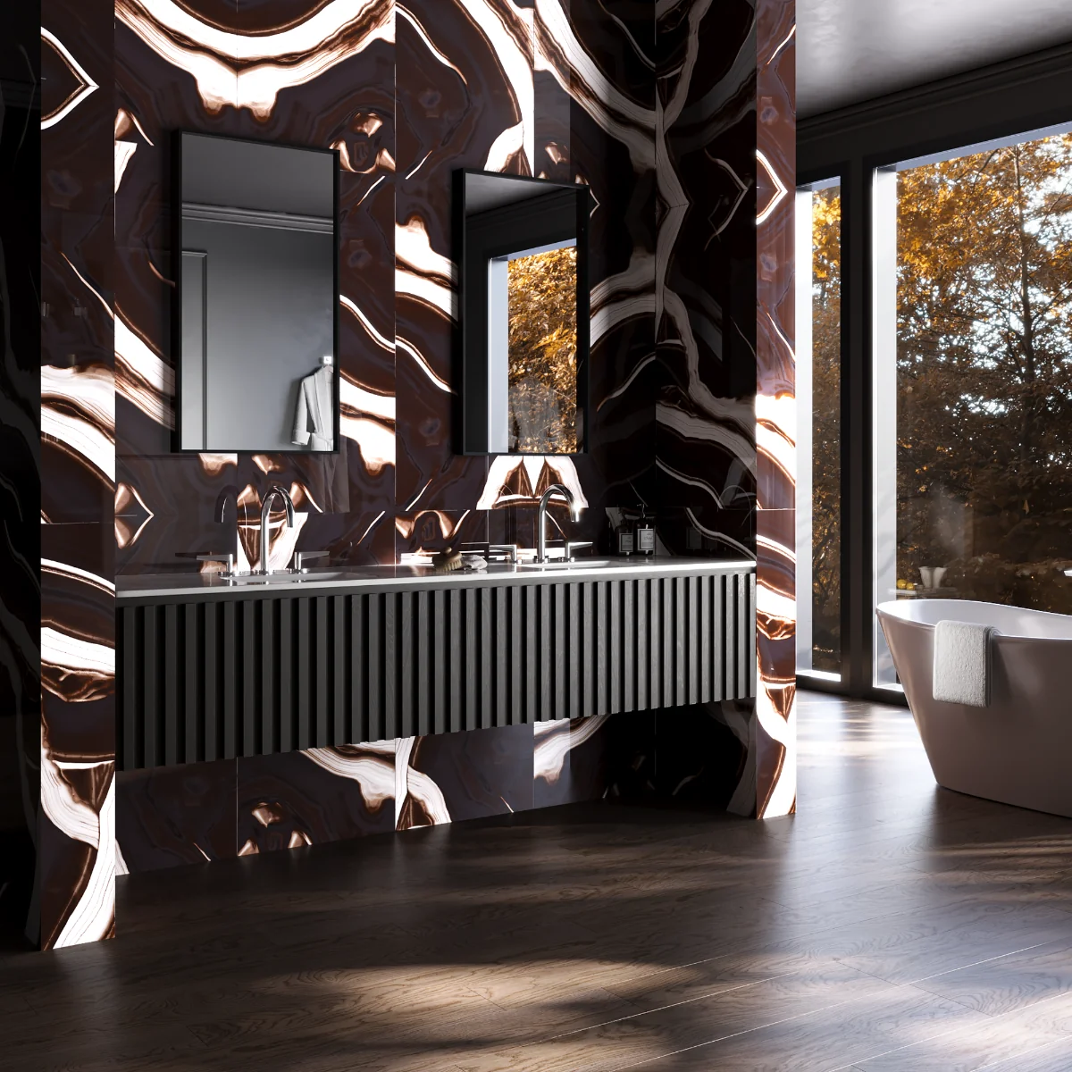 Gresie Rectificata Exterior / Interior Midnight Brown 60 x 120 cm Lucioasa Portelanata Tip Marmura