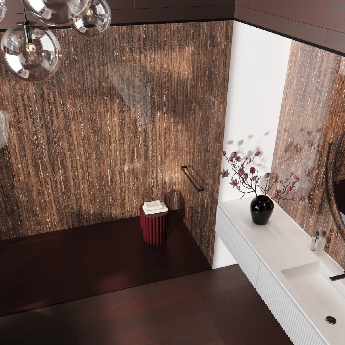 Gresie Rectificata Exterior / Interior Choco Travertino 60 x 120 cm Lucioasa Portelanata Tip Piatra Naturala