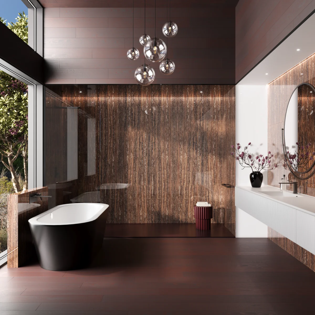 Gresie Rectificata Exterior / Interior Choco Travertino 60 x 120 cm Lucioasa Portelanata Tip Piatra Naturala