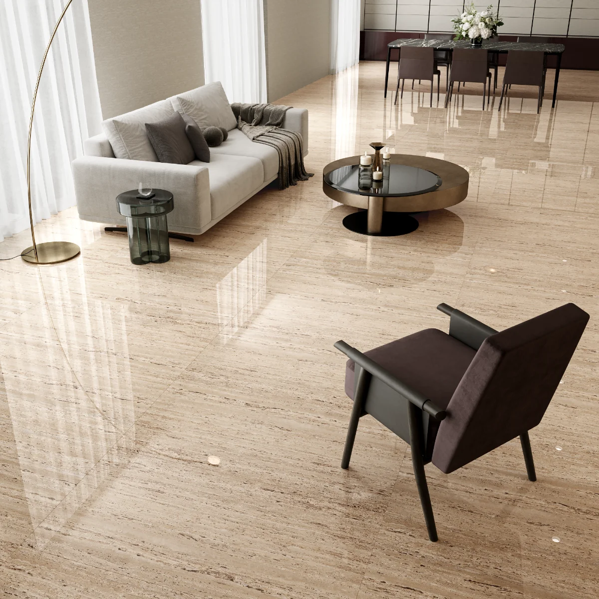 Gresie Rectificata Exterior / Interior Travertino Brass Dark 60 x 120 cm Lucioasa Portelanata Tip Piatra Naturala