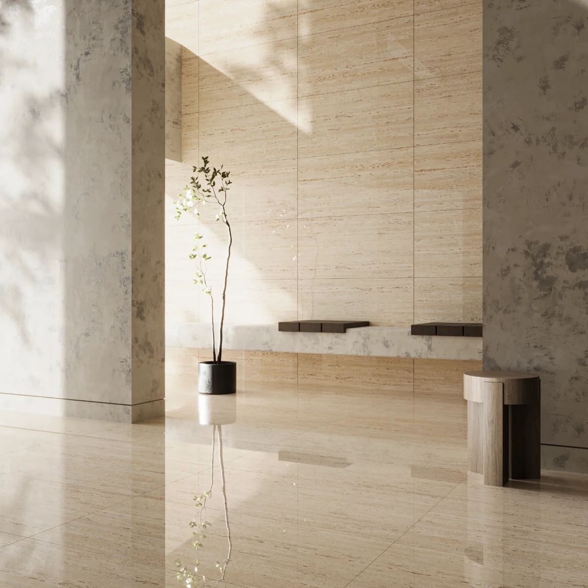 Gresie Rectificata Exterior / Interior Travertino Brass Light 60 x 120 cm Lucioasa Portelanata Tip Piatra Naturala