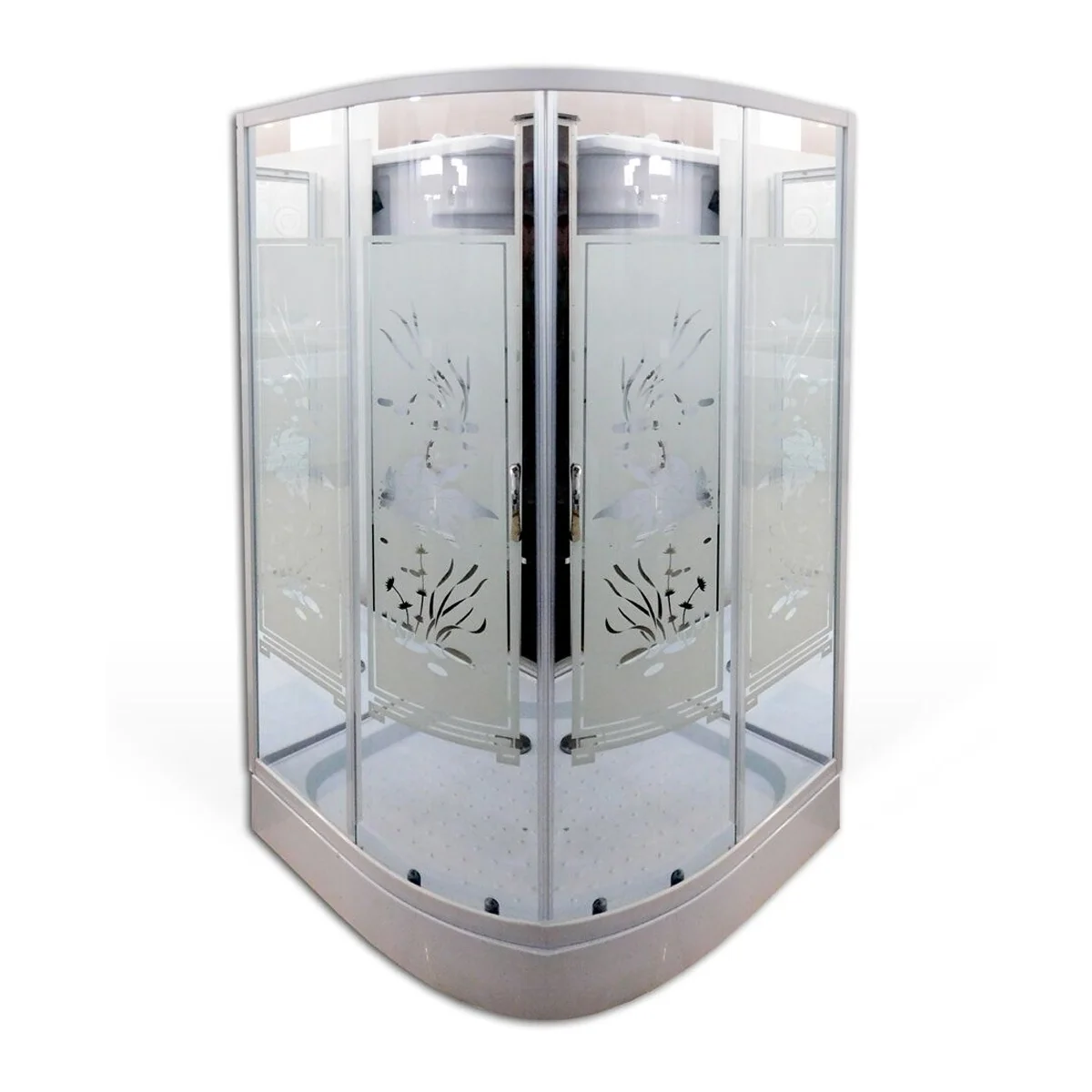 Cabina De Dus Simpla Semirotunda Castello Sticla Serigrafiata 4 Mm Model Floral 90x90x195 Cm Profil Argintiu Cadita Joasa Si Sifon Incluse