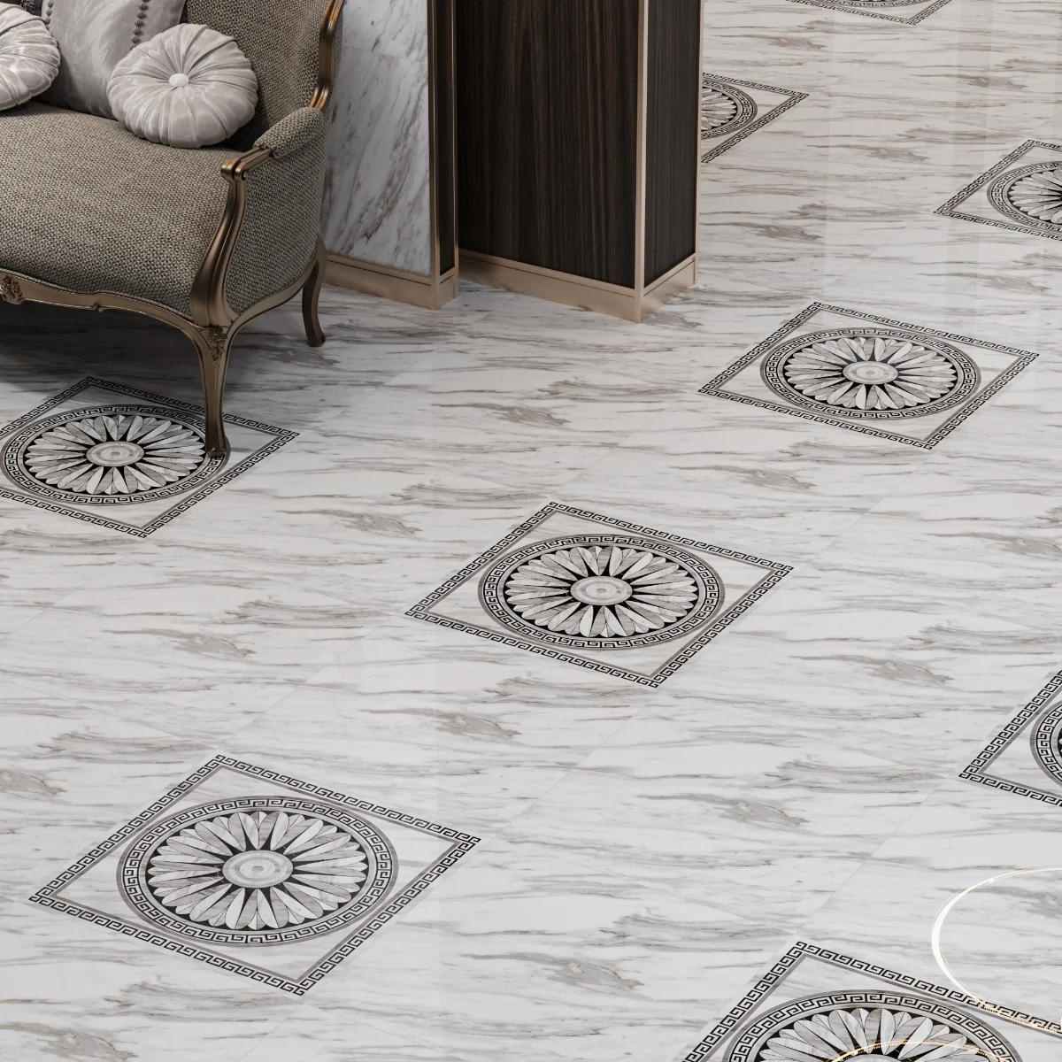 Gresie Portelanata Exterior / Interior Carrara Decor Grey 60 x 60 cm Lucioasa