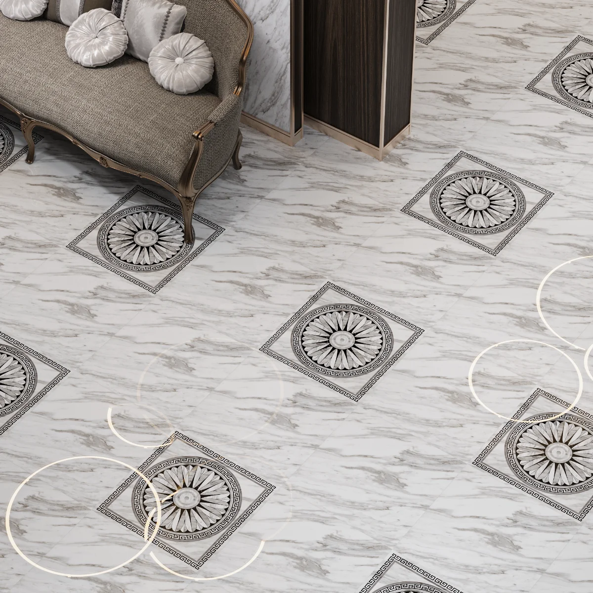 Gresie Portelanata Exterior / Interior Carrara Decor Grey 60 x 60 cm Lucioasa