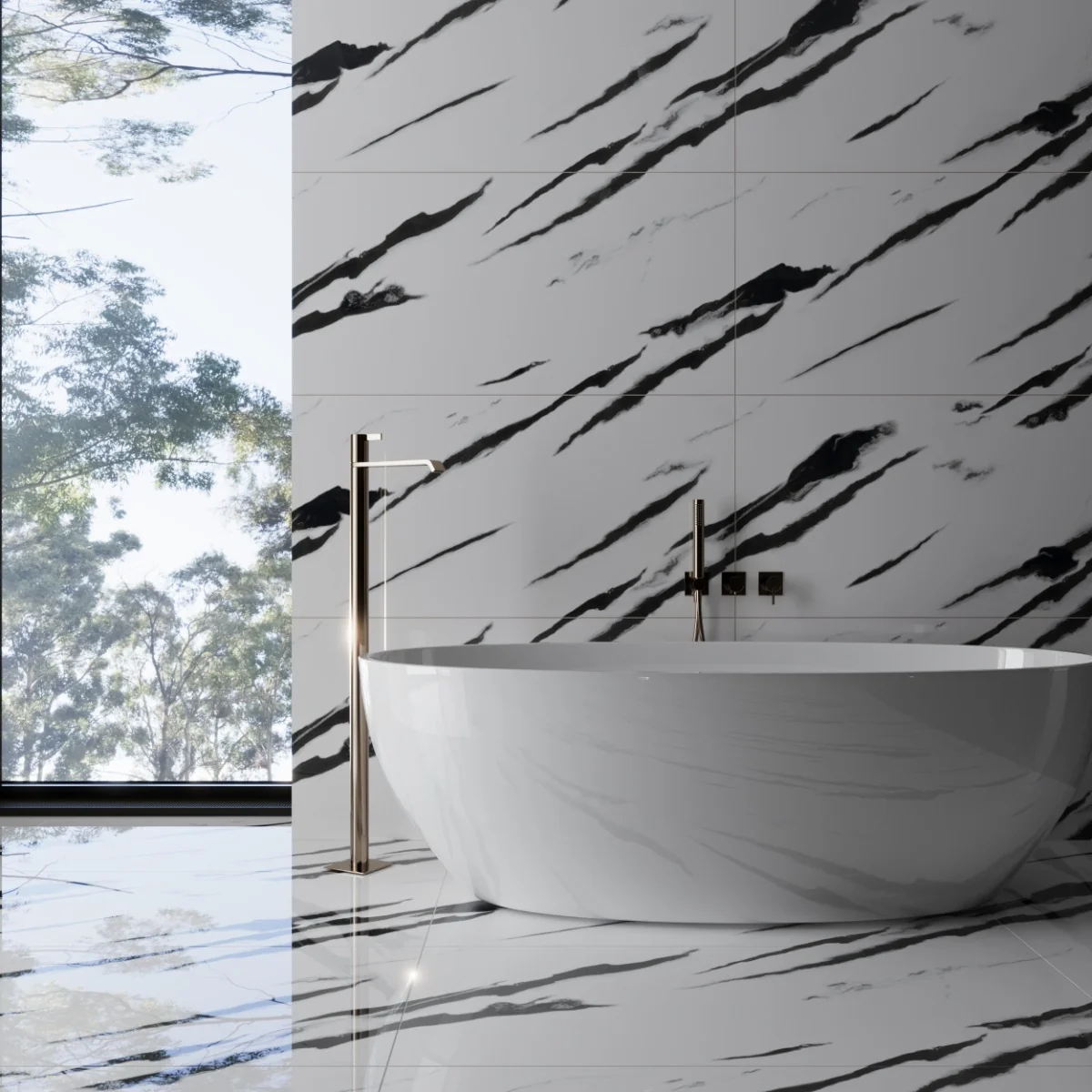 Gresie Rectificata Exterior / Interior Black Panda Endless 60 x 120 Cm Lucioasa Portelanata Tip Marmura