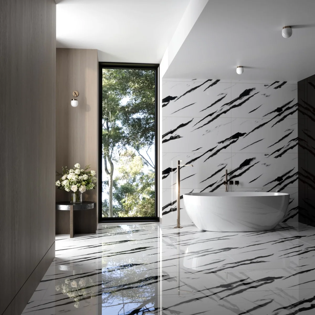 Gresie Rectificata Exterior / Interior Black Panda Endless 60 x 120 Cm Lucioasa Portelanata Tip Marmura