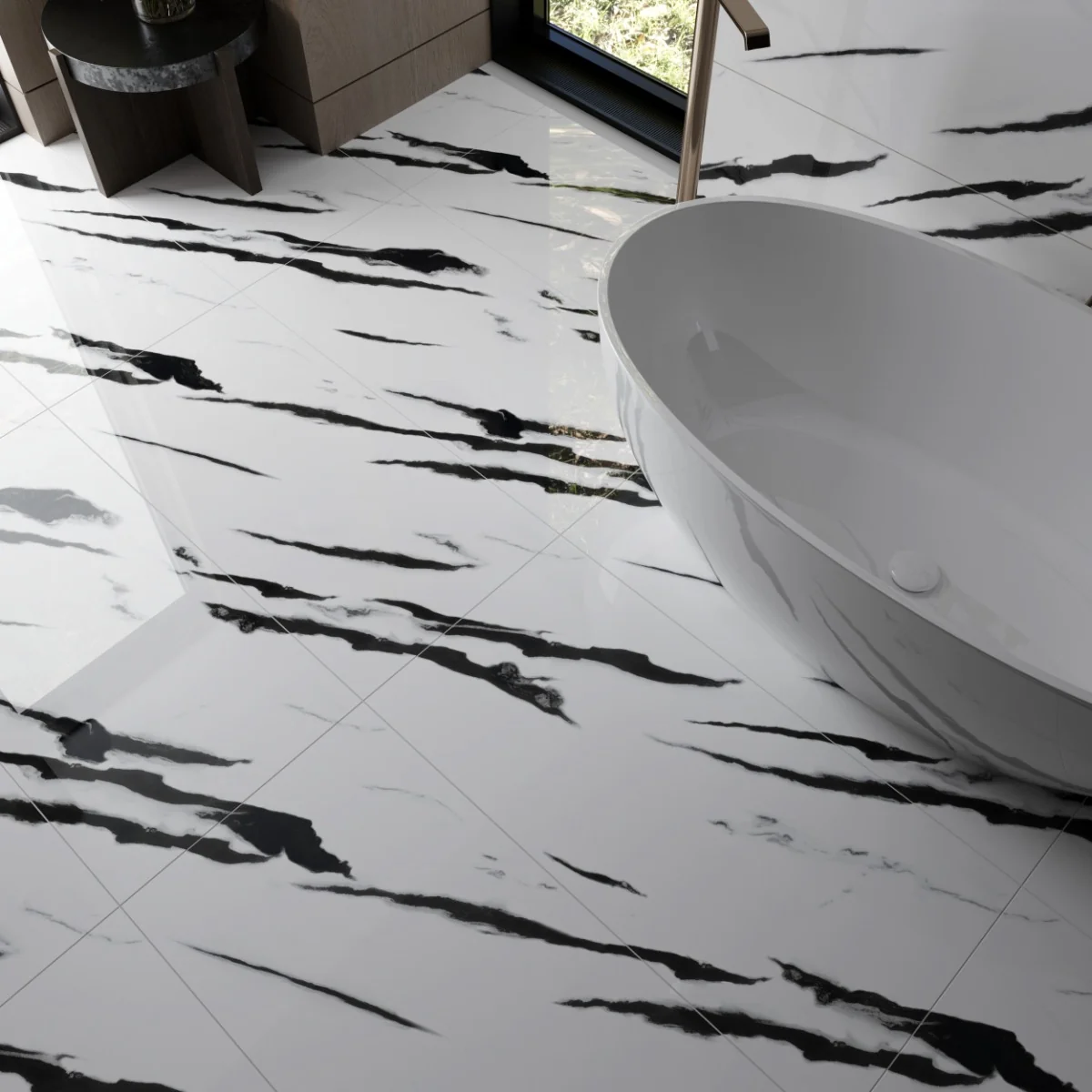 Gresie Rectificata Exterior / Interior Black Panda Endless 60 x 120 Cm Lucioasa Portelanata Tip Marmura