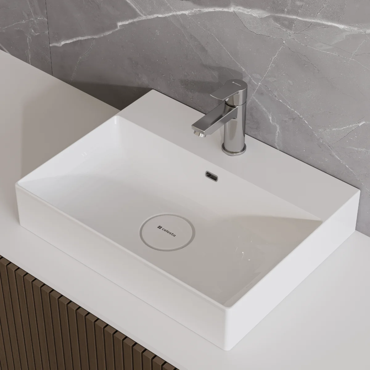 Lavoar Baie Pe Blat Celesta Soho 55 55 X 45 X 11 Cm Orificiu Baterie Ceramica Alb