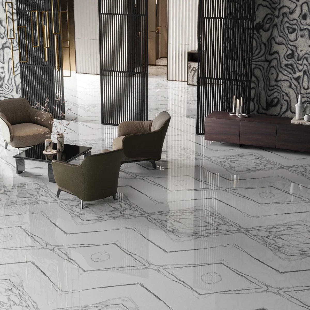 Gresie Exterior / Interior Portelanata Thunder White Bookmatch B 60 x 120 cm Lucioasa Rectificata Tip Marmura