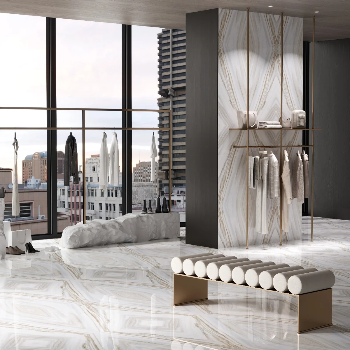 Gresie Exterior / Interior Porțelanată Inox White Bookmatch B 60 x 120 cm Lucioasă Rectificată Tip Marmură