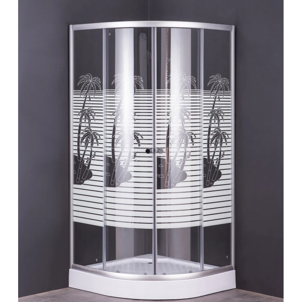 Cabina De Duș Simplă Semirotundă Porto Sticlă Serigrafiată 4 Mm Model Palmieri 90x90x195 Cm Profil Argintiu Cadită Joasă Și Sifon Incluse