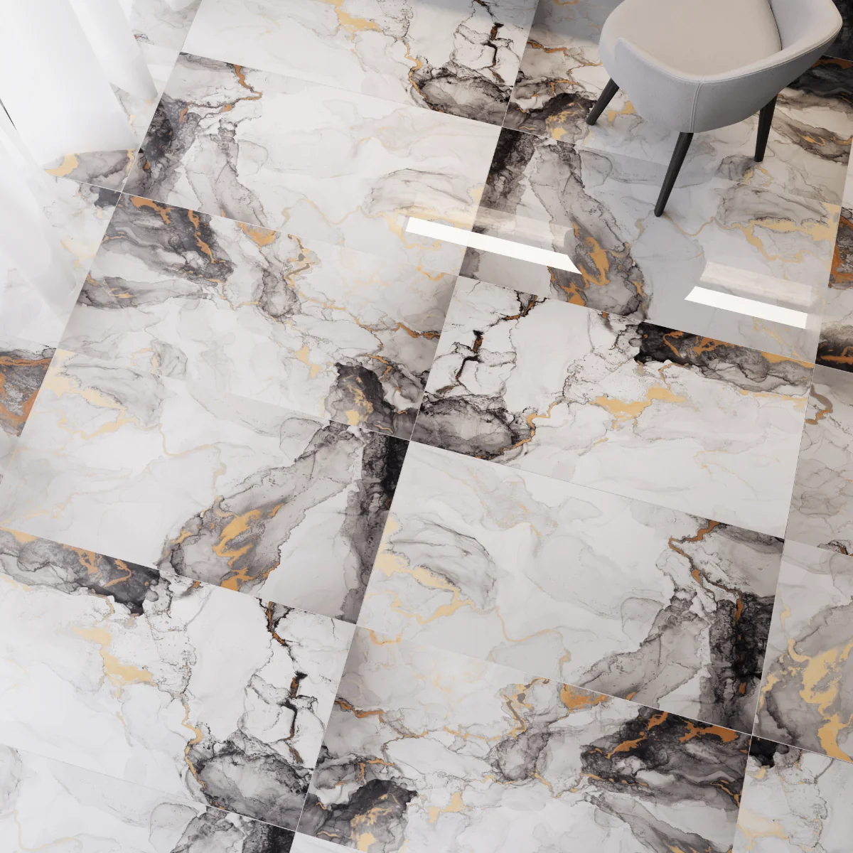 Gresie Exterior / Interior Porțelanată Smoke Gold 60 x 120 Cm Lucioasă Rectificată Tip Marmură