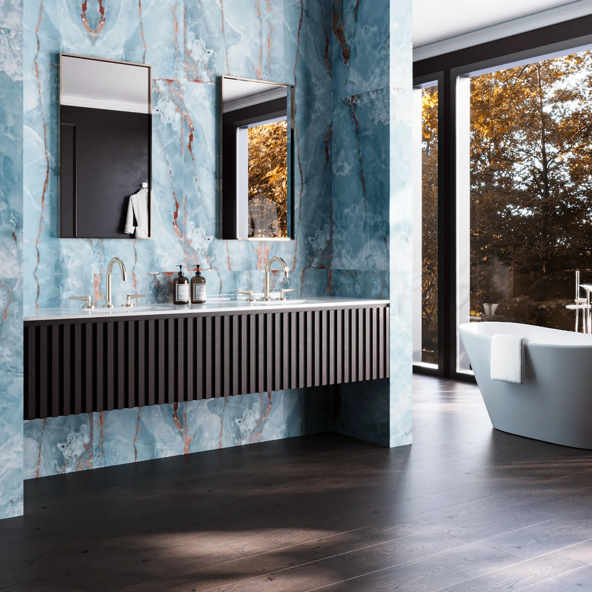 Gresie Exterior / Interior Porțelanată Onyx Aqua 60 x 120 Cm Lucioasă Rectificată Tip Marmură