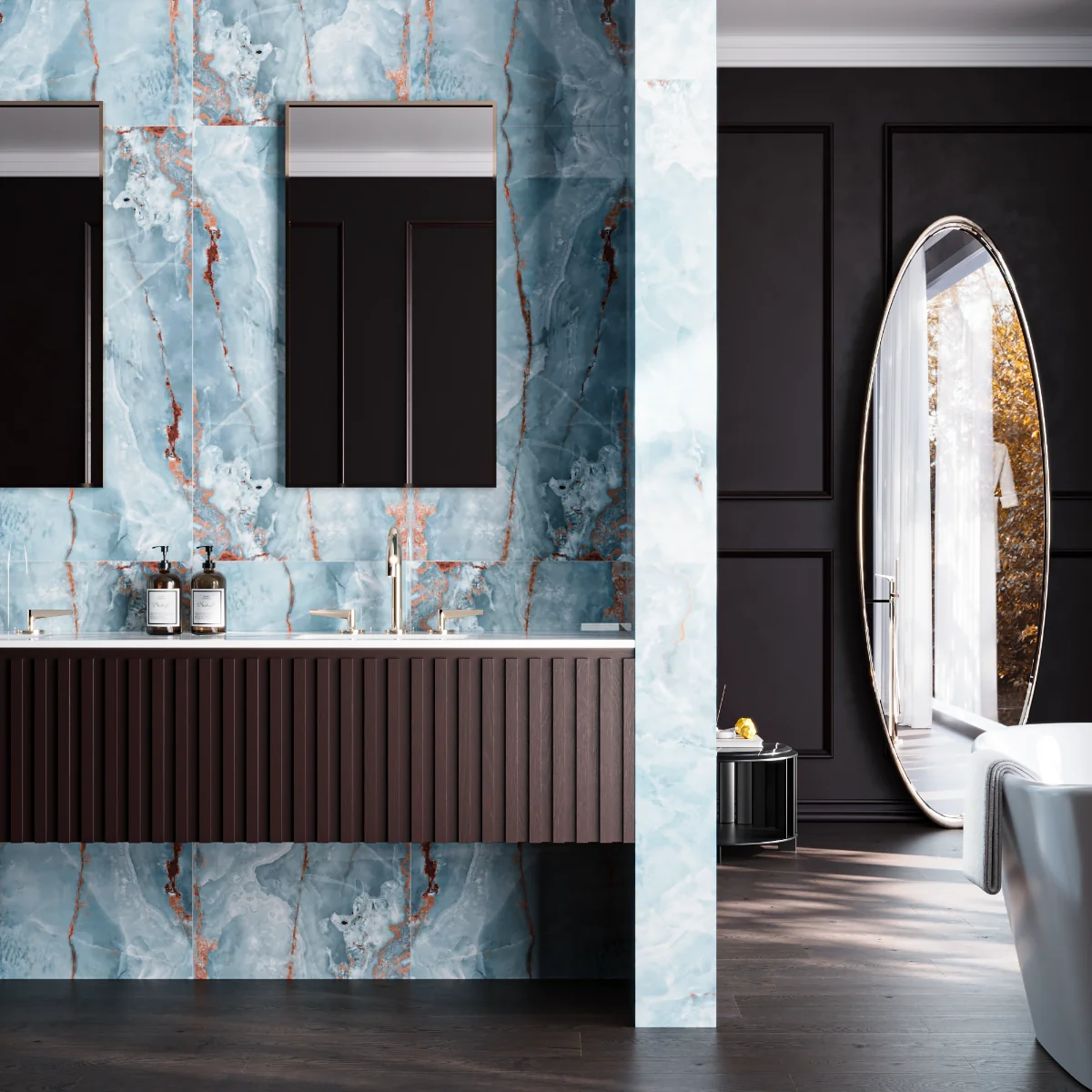 Gresie Exterior / Interior Porțelanată Onyx Aqua 60 x 120 Cm Lucioasă Rectificată Tip Marmură