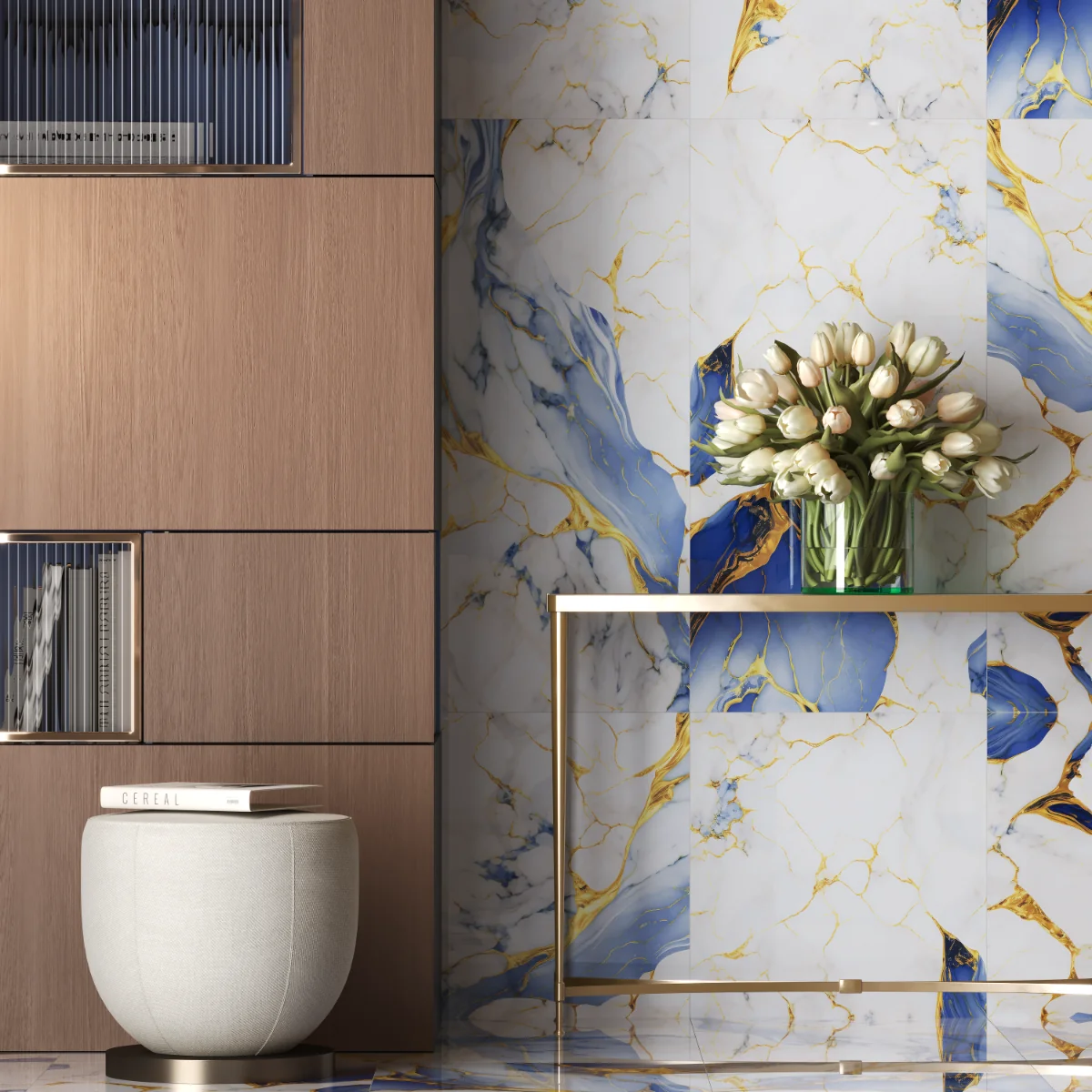 Gresie Exterior / Interior Portelanata Aqua Blue Gold 60 x 120 cm Lucioasa Rectificata Tip Marmura