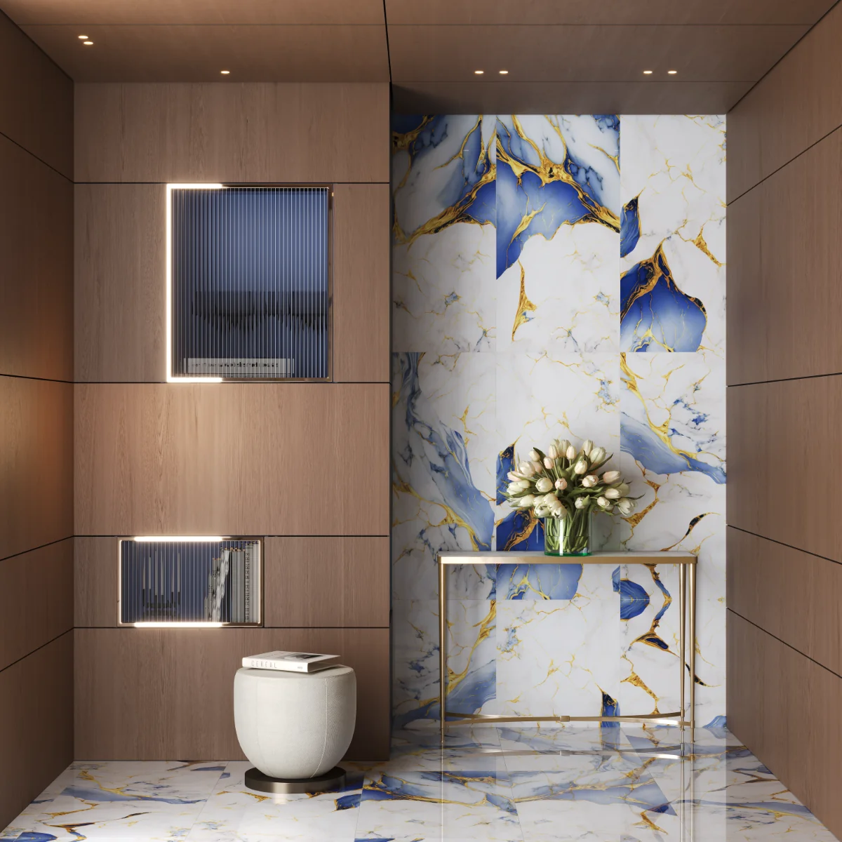 Gresie Exterior / Interior Portelanata Aqua Blue Gold 60 x 120 cm Lucioasa Rectificata Tip Marmura