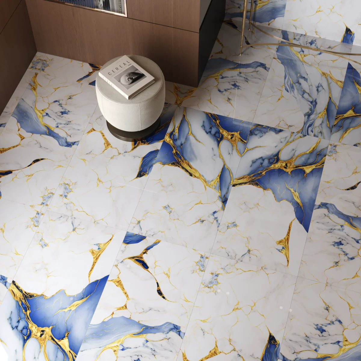 Gresie Exterior / Interior Portelanata Aqua Blue Gold 60 x 120 cm Lucioasa Rectificata Tip Marmura