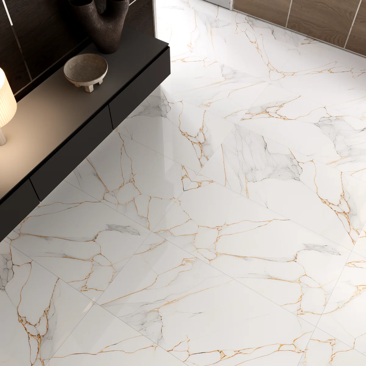 Gresie Exterior / Interior Portelanata Ice Gold White 60 x 120 Cm Lucioasa Rectificata Tip Marmura