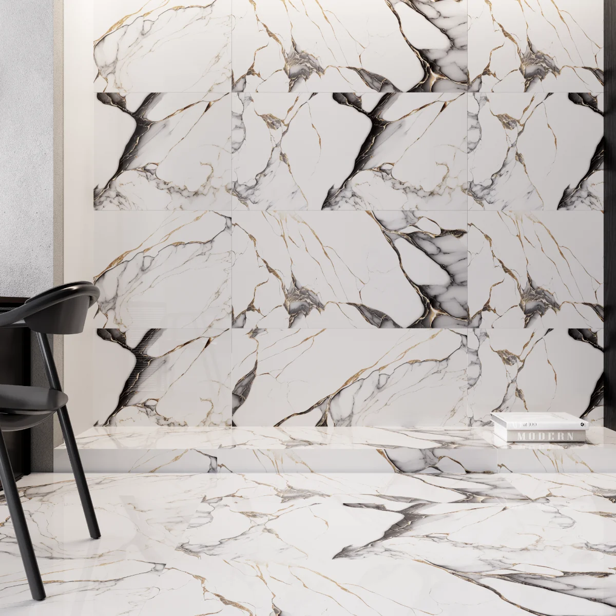 Gresie Exterior / Interior Portelanata Monet Black Gold 60 x 120 cm Lucioasa Rectificata Tip Marmura