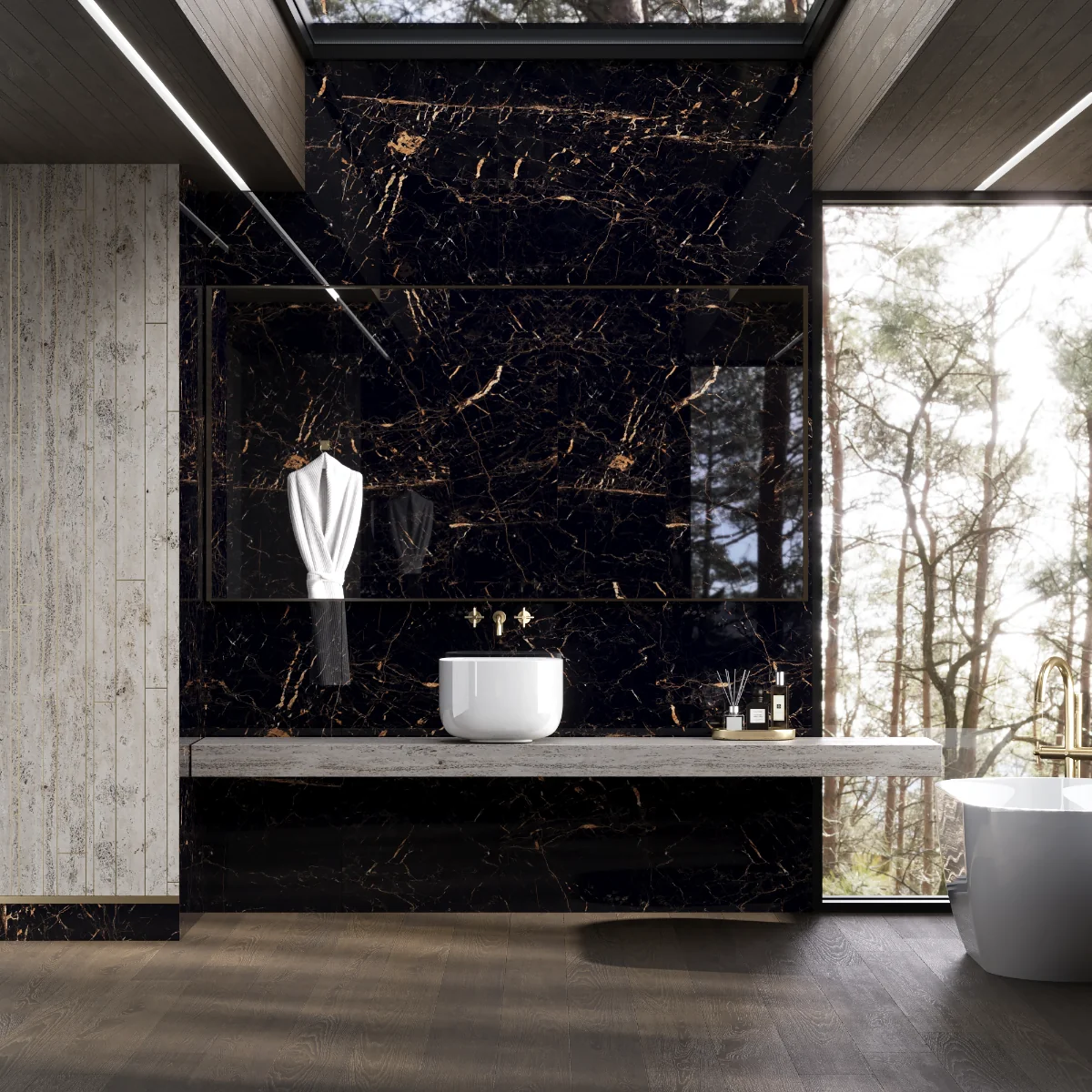 Gresie Exterior / Interior Porțelanată Golden Black 60 x 120 cm Lucioasă Rectificată Tip Marmură