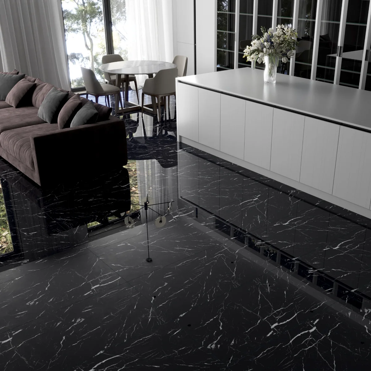 Gresie Exterior / Interior Portelanata Black Marble 60 x 120 cm Lucioasa Rectificata Tip Marmura